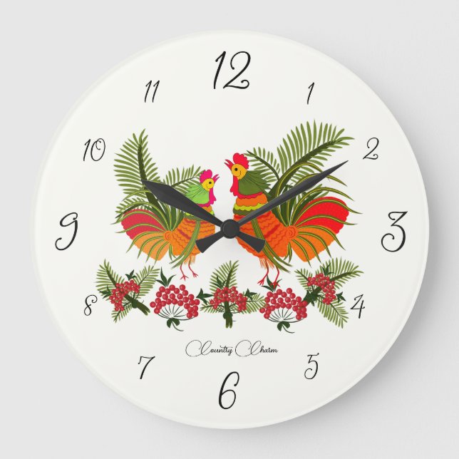 Country Charm – Folk Rooster & Hen Wall Clock (Front)