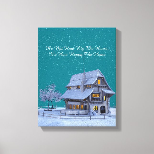 Country Chateau in Winter Scene "Happy Home" Quote Canvas Print (Front)