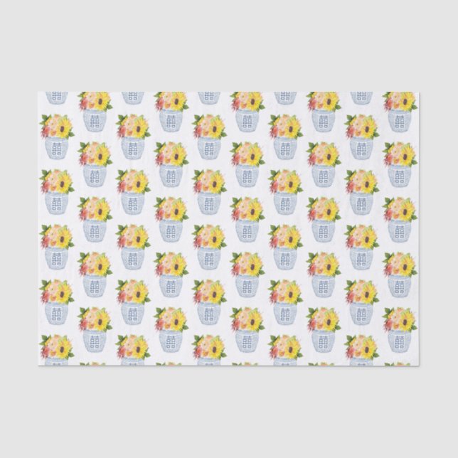 Country Chic Autumn Flowers In Blue & White Vase Tissue Paper (Front)