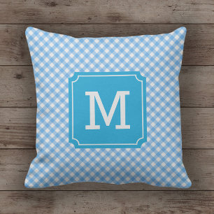 Country Chic Baby Blue Gingham Name Monogram Throw Pillow