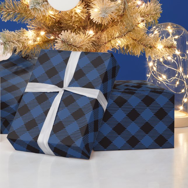 Country Chic Blue Black Buffalo Plaid Wrapping Paper (Holidays)