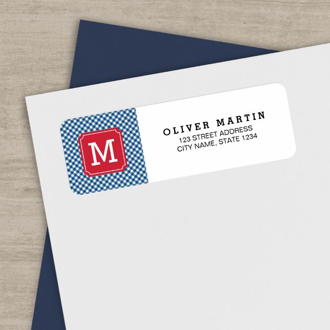Country Chic Blue Gingham Monogram Address Label (Creator Uploaded)