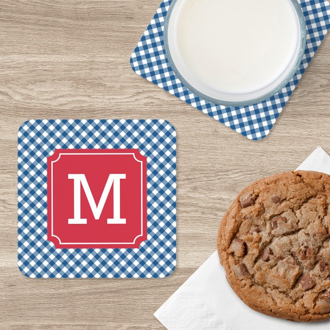 Country Chic Blue Gingham Personalize Monogram Coaster (Creator Uploaded)