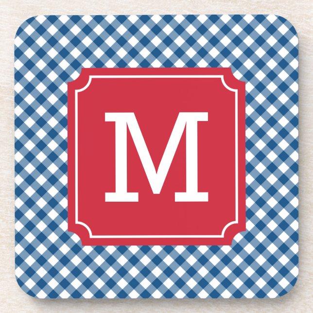 Country Chic Blue Gingham Personalize Monogram Coaster (Front)
