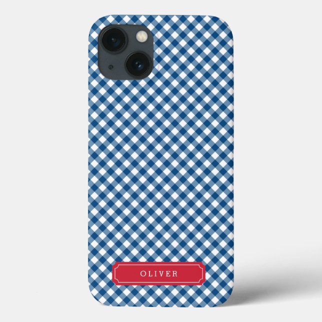 Country Chic Blue Gingham Personalize with Name Case-Mate iPhone Case (Back)