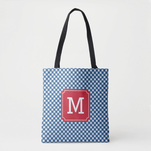 Country Chic Blue Gingham Personalized Monogram Tote Bag (Front)