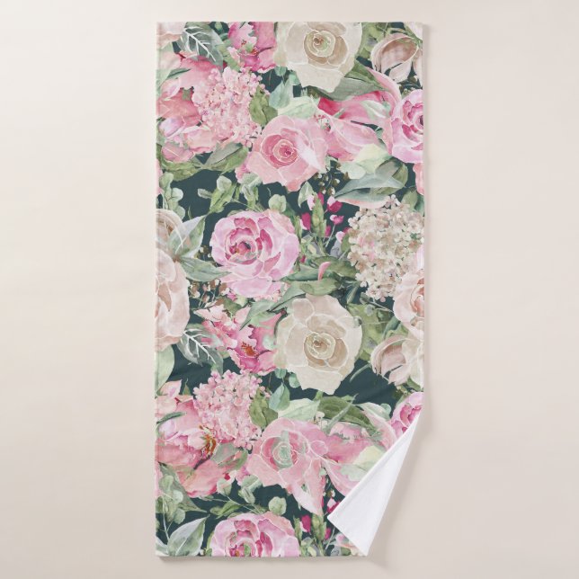 Country chic elegant gable green pink ivory floral (Serviette de bain)