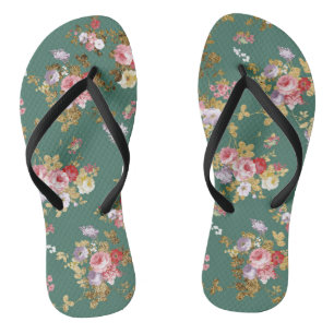 Country chic forest green pink gold elegant floral flip flops
