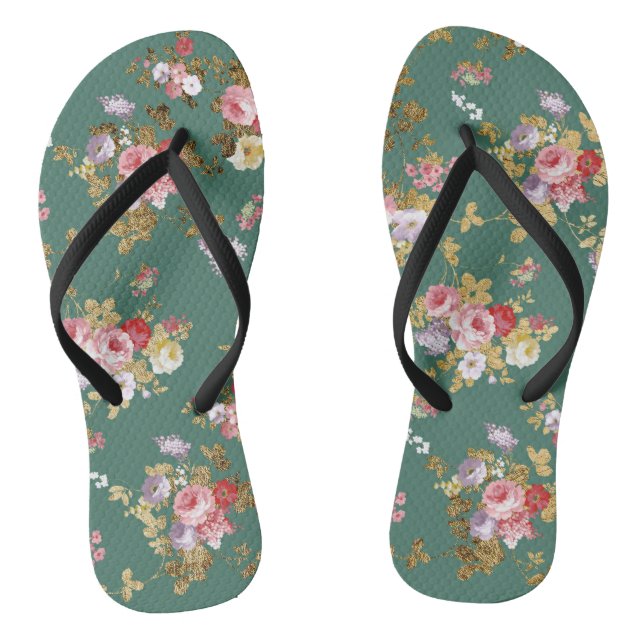 Country chic forest green pink gold elegant floral flip flops (Footbed)