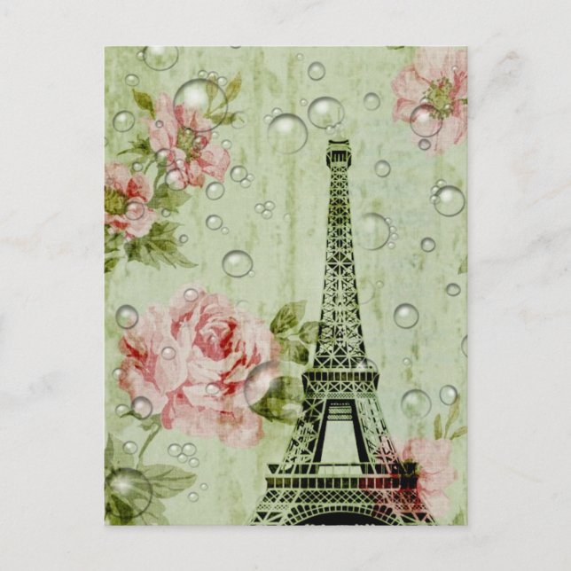 country chic mint pink floral paris eiffel tower postcard (Front)