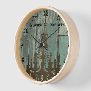 Country Chic Old Rustic Aqua Wood Chandelier Clock