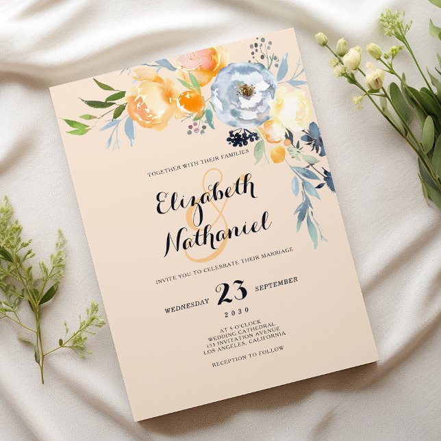 Country chic orange blue ivory floral wedding invitation (Country chic orange blue ivory floral wedding)