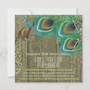 Country Chic Peacock Vintage 3 Feathers Old Wood Invitation