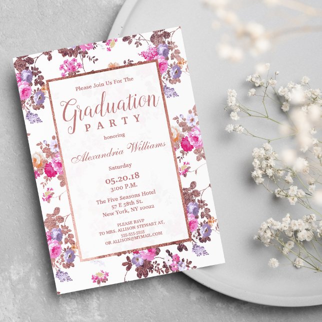 Country chic pink rose gold floral Graduation Invitation (Country chic pink rose gold floral Graduation )