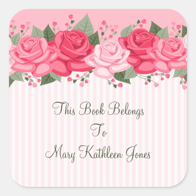 Country Chic Pink Roses and Stripes Bookplate Square Sticker (Front)