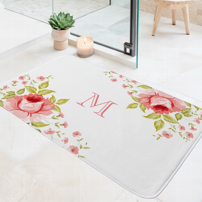 Country Chic Pink Roses Corner Motif Monogram Bath Mat (Creator Uploaded)