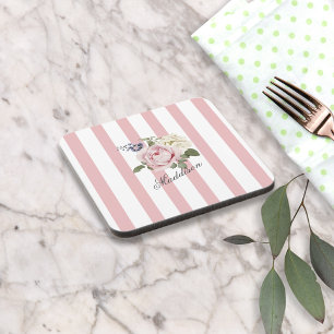 Country Chic Pink Striped Rose Bouquet Monogrammed Coaster