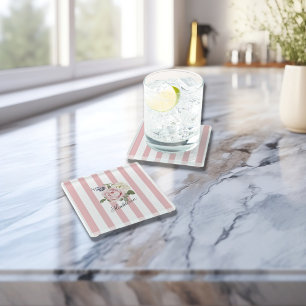 Country Chic Pink Striped Rose Bouquet Monogrammed Glass Coaster