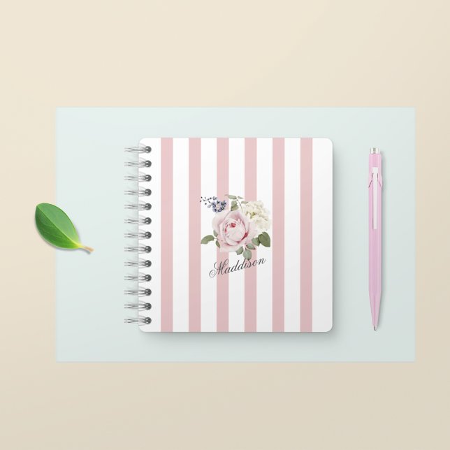 Country Chic Pink Striped Rose Bouquet Monogrammed Notebook (Creator Uploaded)