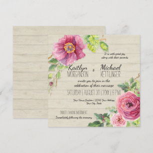 Country Chic Rustic Floral Rose Peony Wood Fence Invitation