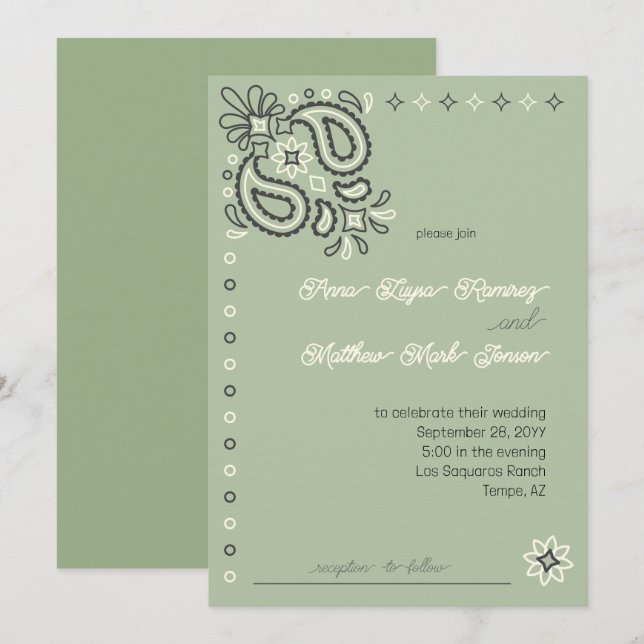 Country Chic Sage Green Modern Western Wedding  Invitation