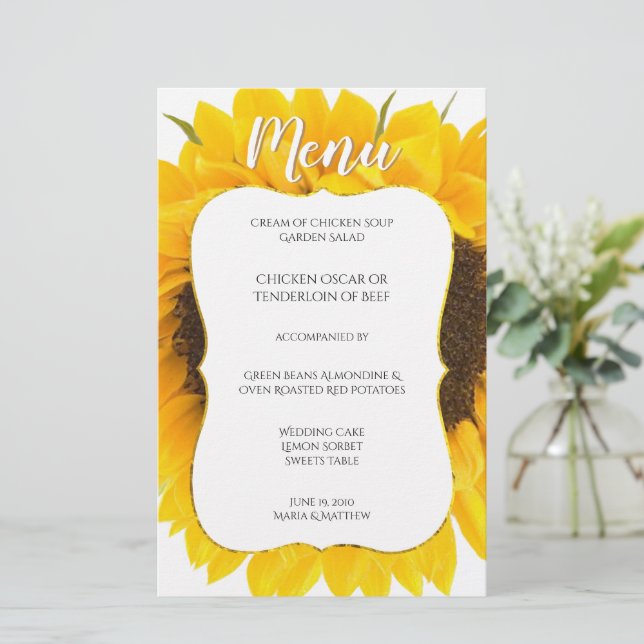 Country Chic Sunflower Menu de réception de mariag (Debout devant)