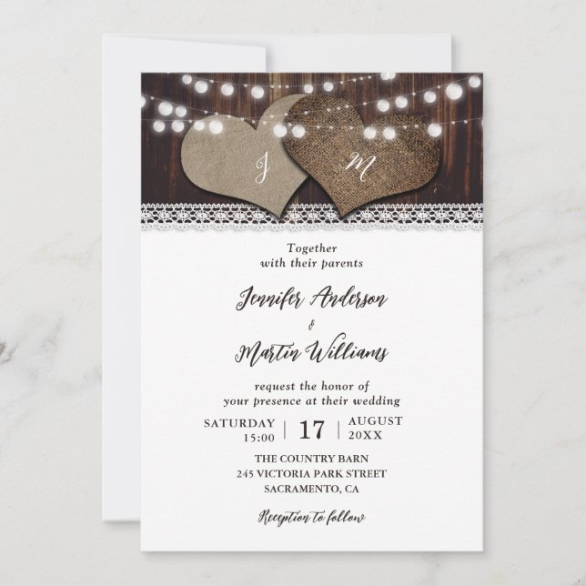 Country Chic Wood String Lights Two Hearts Wedding Invitation (Front)