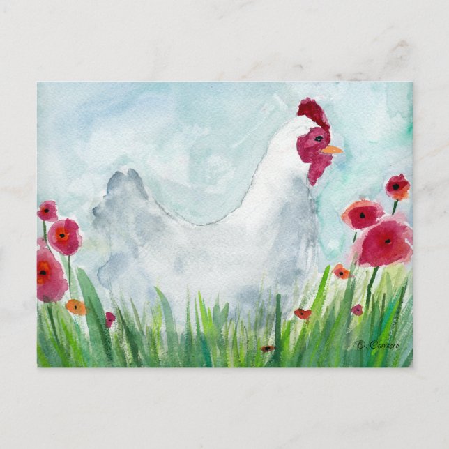 Country Chicken and Flowers Watercolor Postcard (Front)