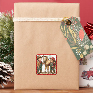  Country Christmas Cowboy Cowgirl Horse Christmas Square Sticker