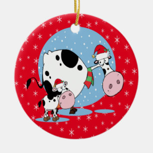Country Christmas Cows With Santa Hats Ceramic Ornament
