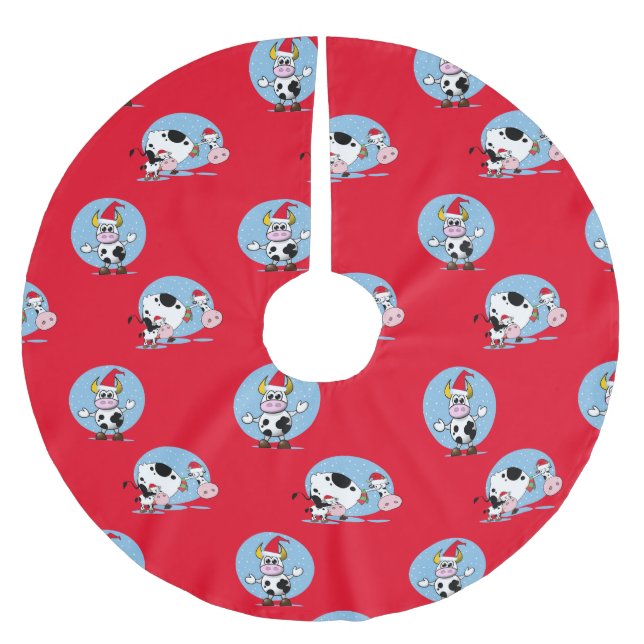 Country Christmas Cows With Santa Hats Tree Skirt (Front)