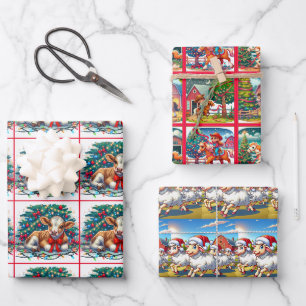 Country Christmas Kids Horses Calf and Sheep Wrapping Paper Sheet