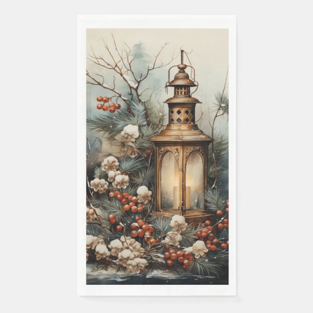 Country Christmas Lantern Pine Branches Red Berriy Napkin (Front)