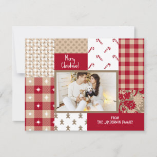 Country Christmas Patterns Collage Red Tan Photo Holiday Card
