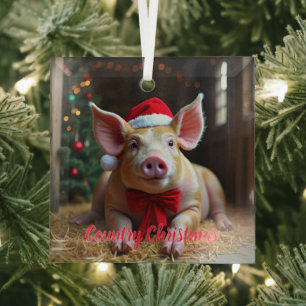 Country Christmas Pig Glass Ornament