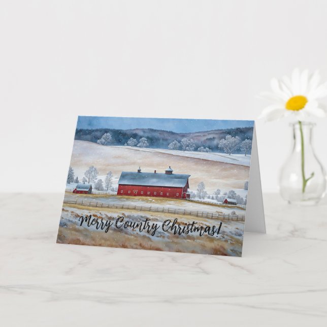 Country Christmas Red Barn Snow Holiday Card (Small Plant)