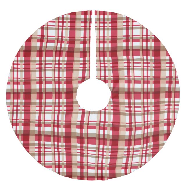 Country Christmas red white beige tattersall plaid Brushed Polyester Tree Skirt (Front)