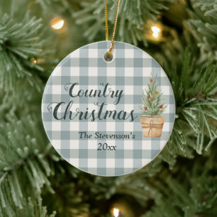“Country Christmas” Script Name Green Plaid Ceramic Ornament
