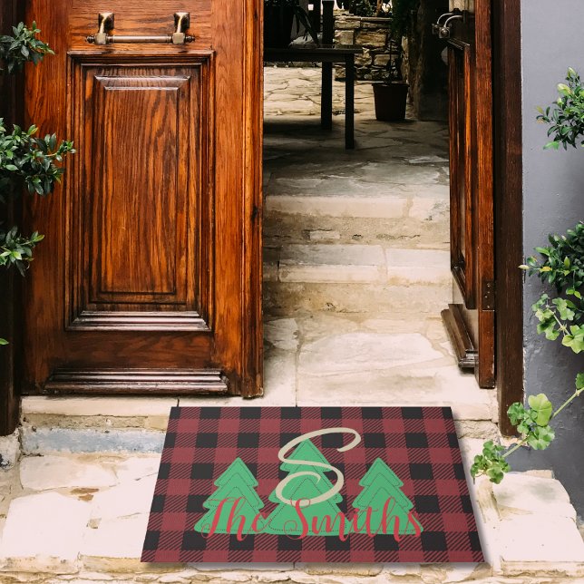 Country Christmas Tree Red Buffalo Plaid Name Doormat (Creator Uploaded)