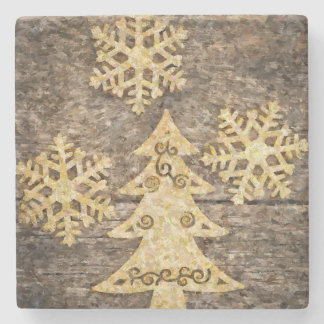 Country Christmas Tree With Snowflakes Stone Coaster