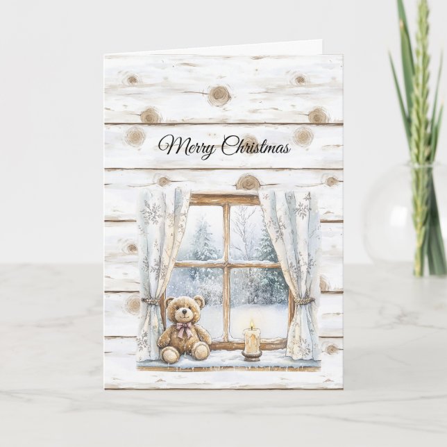 Country Christmas Trees Snow Teddy Bear Window Card (Front)