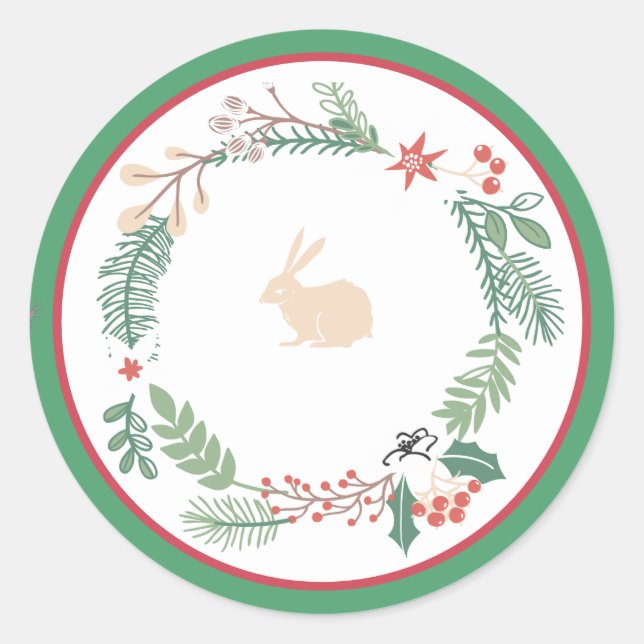 Country Christmas Understated Wreath Bunny 20 Classic Round Sticker (Front)