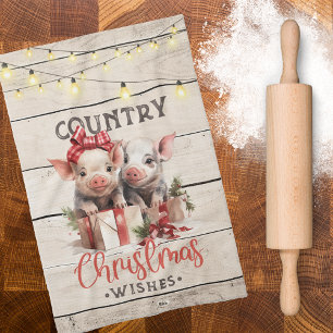 Country Christmas Wishes with Two Piglets Kitchen Towel
