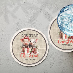 Country Christmas Wishes with Two Piglets Round Paper Coaster