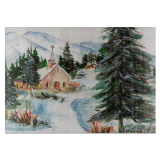 Country Church in Winter Watercolor Mountain Scene Cutting Board