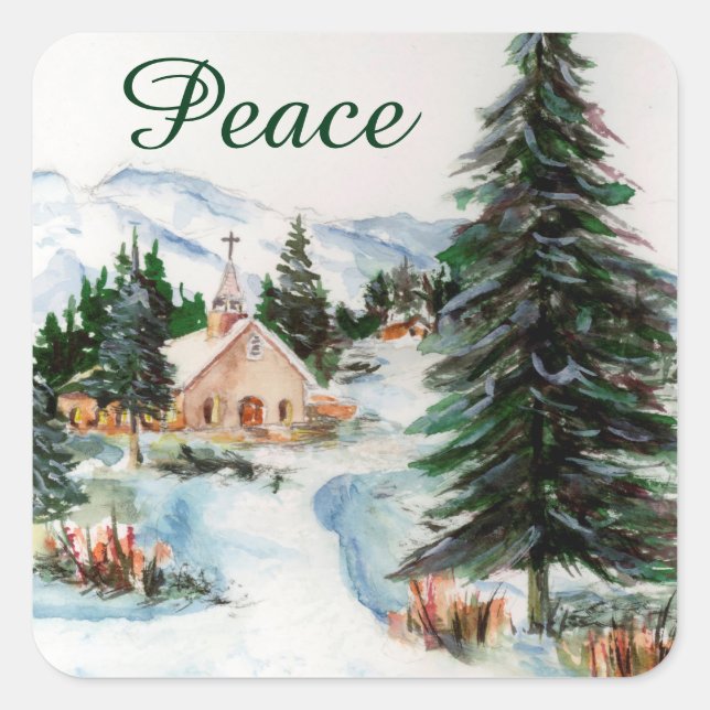 Country Church in Winter Watercolor Mountain Scene Square Sticker (Front)