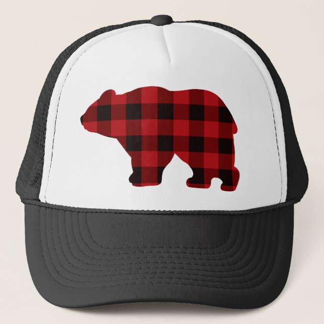 Country classic red and black plaid Bear Trucker Hat (Front)