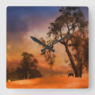 Country Clock With Horse And Sunset