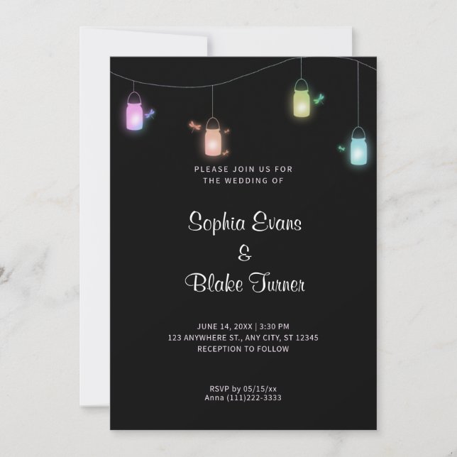 Country Coloured Hanging Mason Jars Black Wedding Invitation (Front)