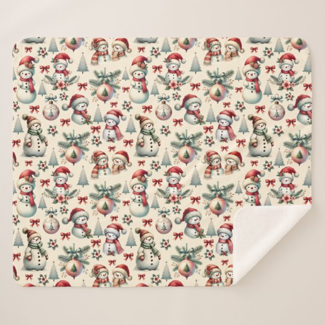 Country Cottage Christmas Snowman Sherpa Blanket (Front (Horizontal))